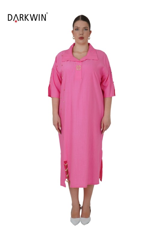 3809-7 MAYA LONGA ELBİSE PEMBE - Thumbnail
