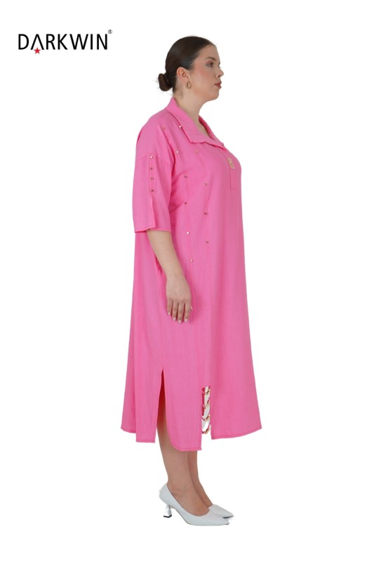 3809-7 MAYA LONGA ELBİSE PEMBE - Thumbnail