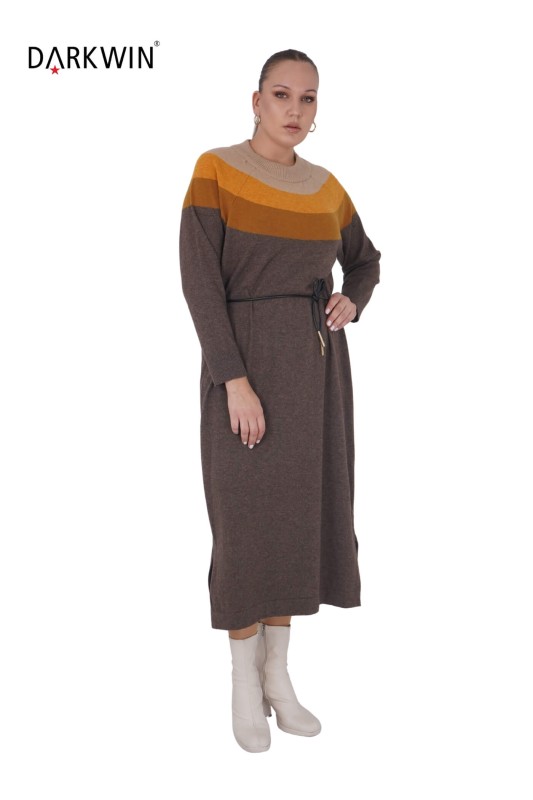 B14438 DARKWIN ELBİSE KAHVE-BEJ - Thumbnail