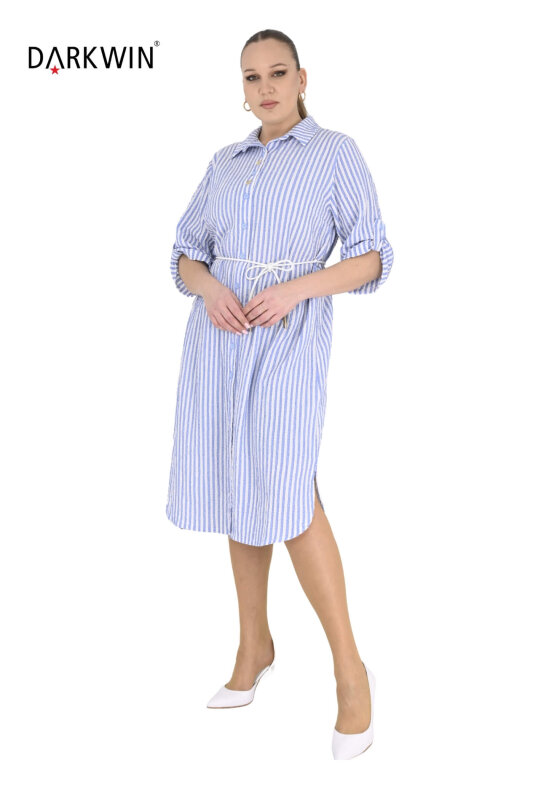 B4073 DARKWIN GÖMLEK ELBİSE MAVI-BEYAZ - 4