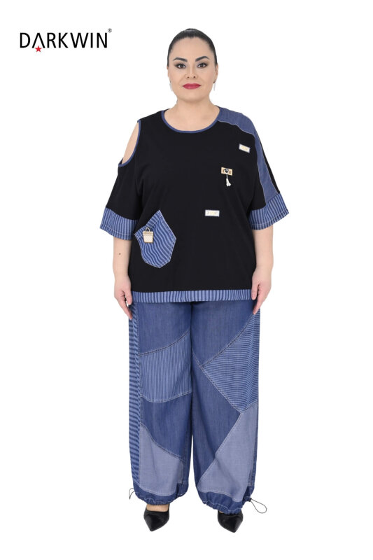 Y8011 DARKWIN BLUZ-PANTOLON SIYAH-MAVI - DARKWIN